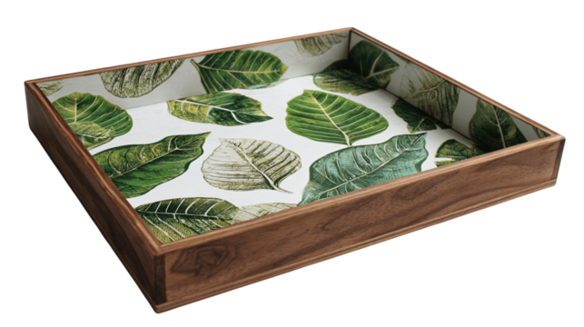 A custom-printed wooden tray, white background --ar 16:9