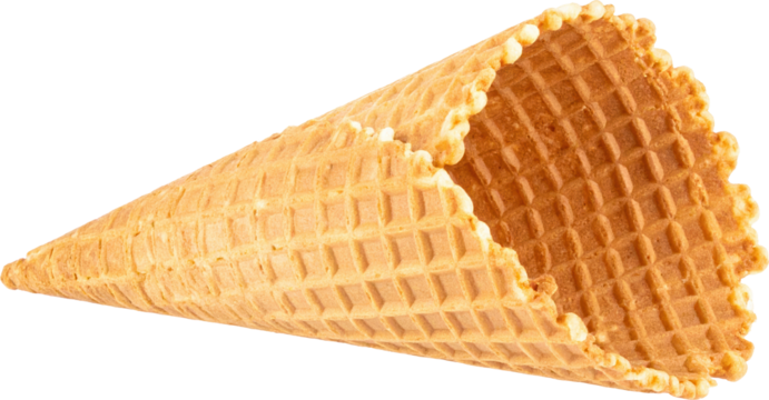 Single empty waffle ice cream cone Its golden brown texture waffle pattern and wavy rim are visible on a transparent