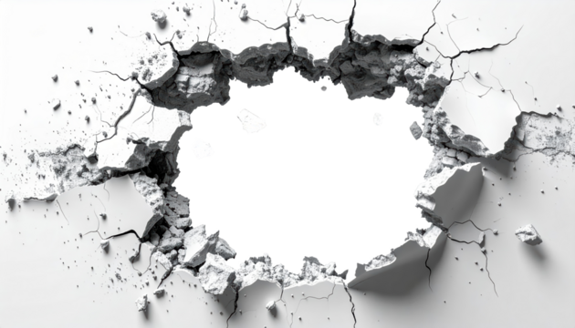 A large jagged hole in a white concrete wall surrounded by extensive cracks and scattered debris Transparent background