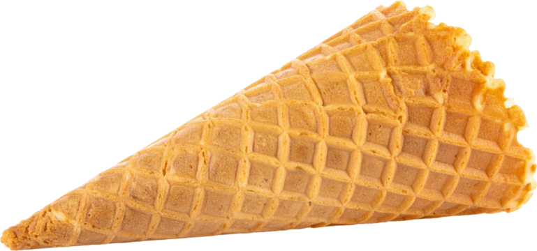 A crispy golden brown ice cream waffle cone with a textured grid pattern on a transparent background - Powered by Adobe