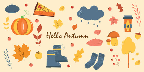 Autumn season color set. Leaves, tree, cap, cloud, rain, mushrooms, coffee cup, berry, boots, socks, pumpkin, pie, acorn. Collection for seasonal cozy web design.  Vector illustration