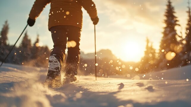 A silhouetted hiker strides through a snowy landscape during dusk, capturing the essence of adventure and solitude amidst breathtaking winter scenery.