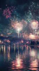 Fototapeta premium Vibrant Fireworks Display Reflected on a Calm Water Surface at Night