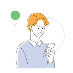 Fair haired man using a cellphone with green approval circle looks content