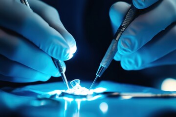 Surgical Hands Performing Intricate Procedure Under Blue Light