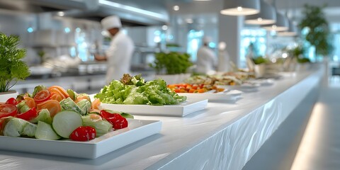 Bright, modern self-service canteen with a long white buffet of fresh salads and hot food. A chef in uniform works in the softly blurred background.