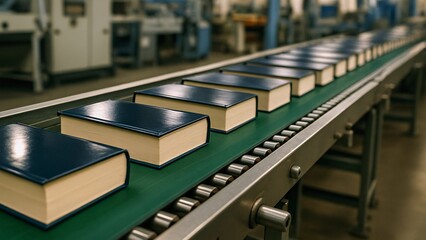 Hardcover books with dark blue cover are moving on automated conveyor belt in printing house, representing mass production of books in modern publishing industry