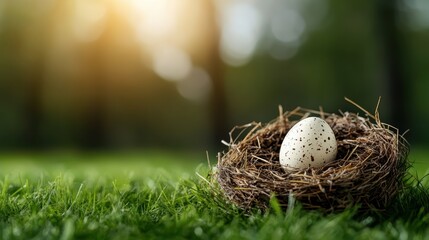 A beautiful spotted egg resting in a natural nest, surrounded by vibrant green grass, symbolizing new beginnings and the beauty of nature's creations in a serene environment.