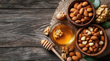 Healthy snack with nuts and honey on a rustic wooden background. 