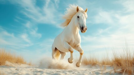 Fototapeta premium A stunning white horse running freely across a sandy beach under a bright sky, symbolizing grace, power, and the beauty of freedom in the natural world.