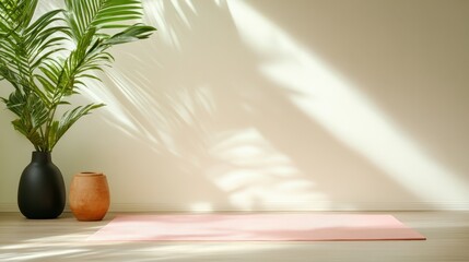 A serene indoor setting featuring a yoga mat and decorative plants, designed to promote tranquility, mindfulness, and a harmonious atmosphere in a personal space for rejuvenation.