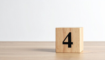 Wooden cube with number 4 four on wooden table with white wall on background.