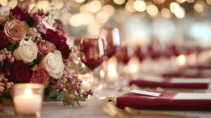 Naklejka premium A beautifully arranged bouquet of pastel roses and vibrant red flowers highlights an elegant dining setup, perfect for celebrations and romantic dinners in a cozy atmosphere.