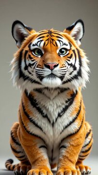 Adorable Cartoon-Style Baby Tiger Sitting with Big Blue Eyes and Detailed Fur Texture in Soft Studio Lighting