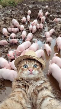 Adorable Cat in Straw Hat Taking Selfie Surrounded by Group of Playful Pink Piglets in Muddy Farm Setting