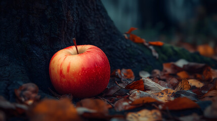Close-Up of a Fresh Red Apple with Water Droplets Resting on Autumn Leaves Beside a Mossy Tree Trunk