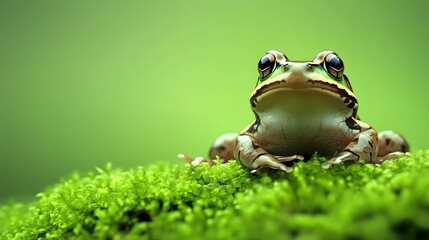 Close-up of a Vibrant Tree Frog Sitting on Fresh Green Moss in a Lush Forest with Shallow Depth of Field