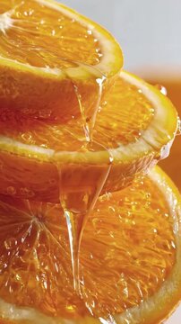 Close-up of Fresh Orange Slices Dripping with Golden Citrus Juice in High Detail with Vibrant Color and Natural Texture