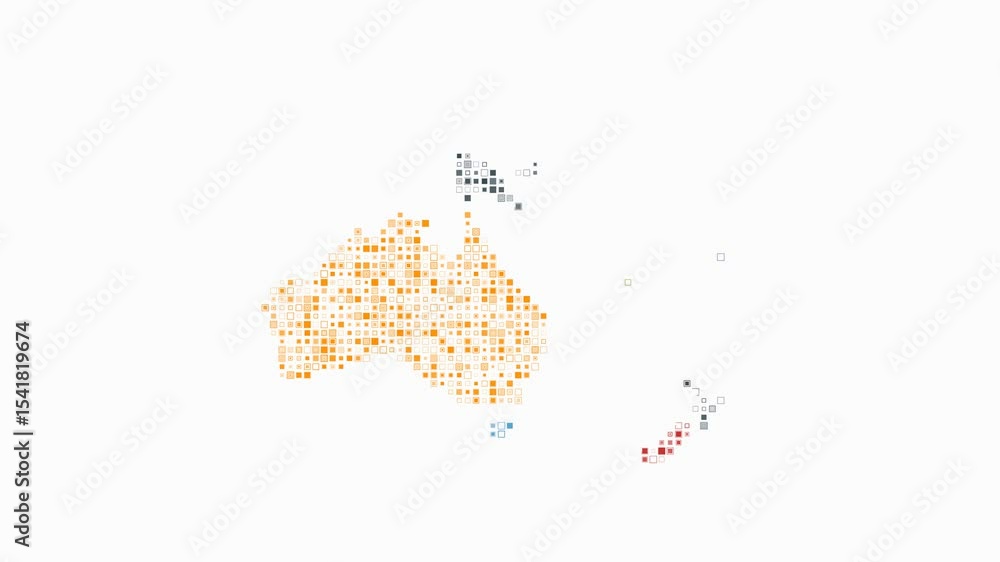 Poster oceania dotted animation. shape of the continent build of pulsating colored dots. small size square 