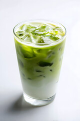 Iced Matcha Latte in a Glass Isolated oN White