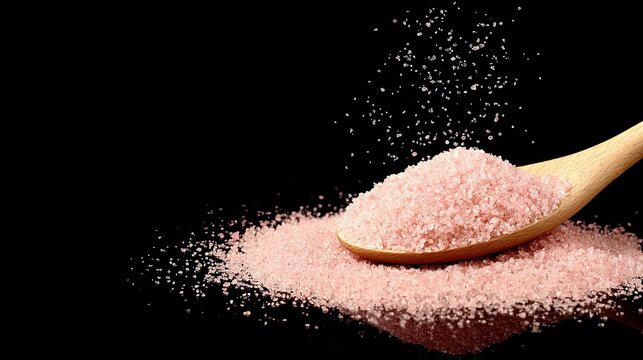 Shall of pink salt on a black background with a spoonful of Himalayan sea salt - Powered by Adobe
