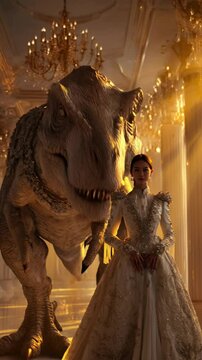 Elegant Woman in Royal Ballroom with Majestic Tyrannosaurus Rex in Golden Light Creating a Surreal Fantasy Scene