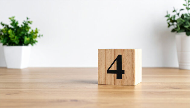 Wooden cube with number 4 four on wooden table with white wall on background.