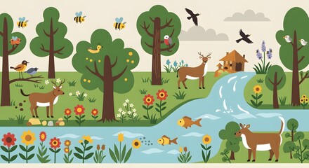 Obraz premium Illustration of forest and garden animals among trees, flowers, and grass under a spring sky