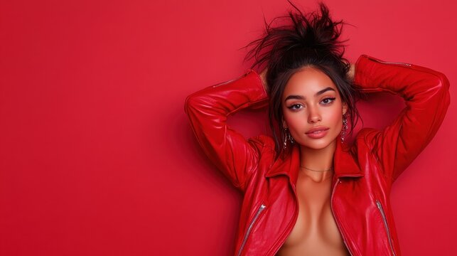 A fashionable young woman striking a bold pose in a red leather jacket against a bright red background, exuding confidence and modern urban style.