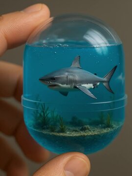Realistic Miniature Shark in Blue Water Capsule Held by Hand with Underwater Scene and Marine Details for Ocean Wildlife