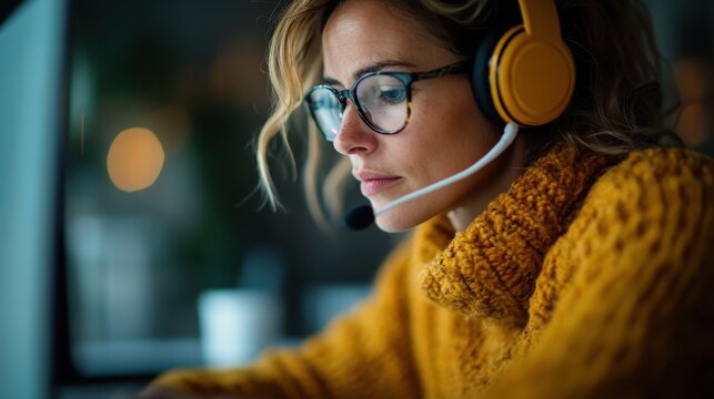 A focused woman with glasses and headphones working diligently on a computer, highlighting the essence of remote work and modern communication in a vibrant environment. - Powered by Adobe