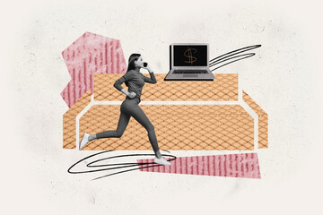 Creative full art collage of happy girl guy freelancer business worker stand sofa laptop dollar...