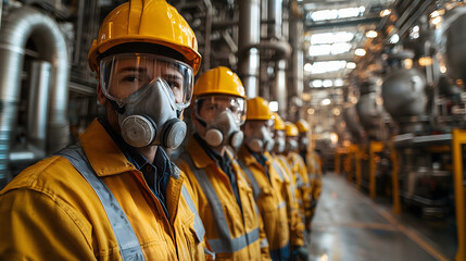 Team of Engineers in Yellow Protective Gear and Respirators Working in a High-Security Chemical Plant Surrounded by Industrial Machinery