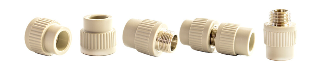 Polypropylene couplings for welding pipes on white.