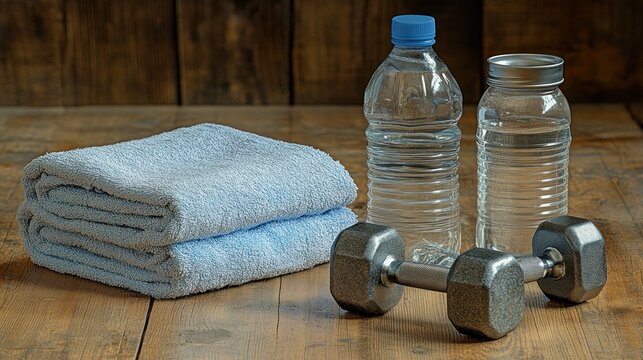 Workout essentials on a wooden surface