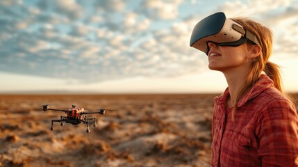 A woman wearing a virtual reality headset marvels as a drone hovers above her in a vast, open landscape, symbolizing the intersection of technology and exploration.
