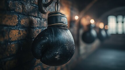 Worn boxing glove hangs on brick wall