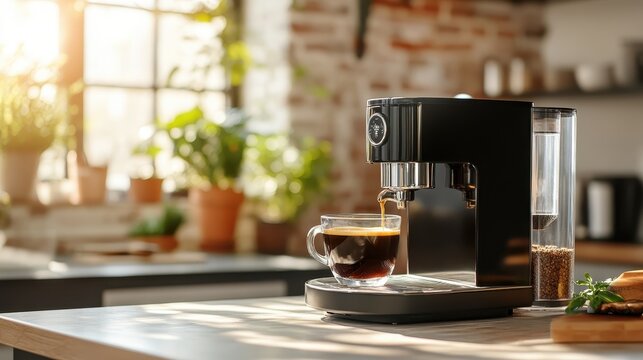 A sleek black coffee machine brews a fresh shot of espresso into a glass cup, showcasing a warm and inviting kitchen atmosphere with natural light streaming in. - Powered by Adobe