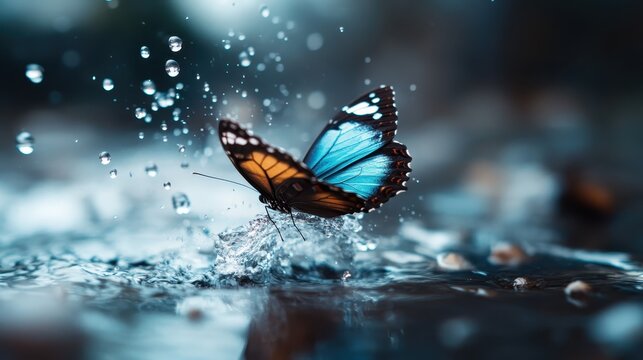 A stunning close-up of a butterfly gracefully landing on water, creating beautiful splashes, emphasizing the fragility and elegance of nature in a captivating moment.