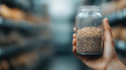 A close-up image of a person's hand holding a glass jar filled with mustard seeds, showcasing the texture and richness of the seeds set against a blurred background.
