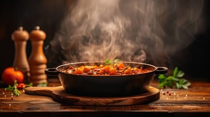 This image captures a steaming pot of delicious, rich stew on a wooden table, evoking warmth and comfort, perfect for showcasing culinary delights or cozy atmospheres.