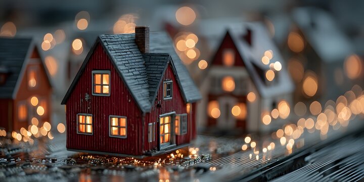 Photorealistic macro shot of a miniature red house on a detailed circuit board. The house has warmly lit windows, with glowing light trails all around.