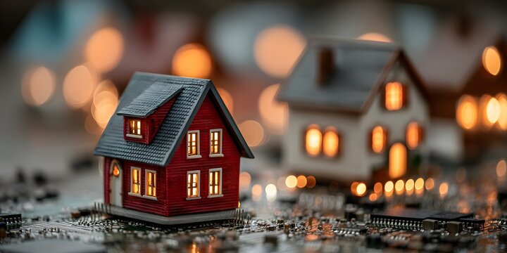 Photorealistic macro shot of a miniature red house on a detailed circuit board. The house has warmly lit windows, with glowing light trails all around.