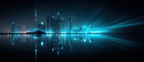 Cityscape at night, illuminated by turquoise light, reflected on water