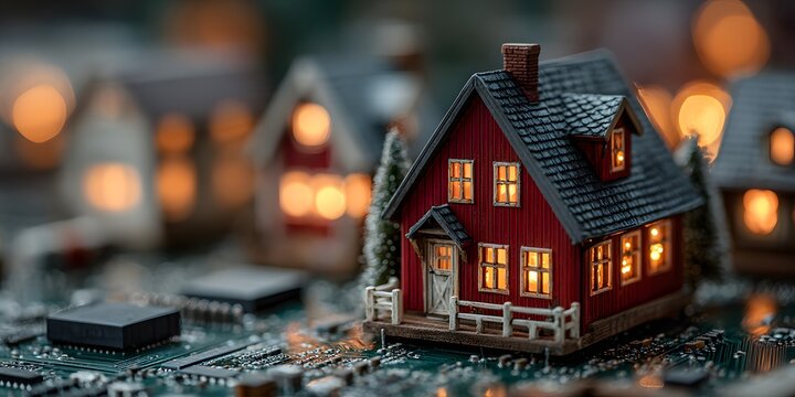 Photorealistic macro shot of a miniature red house on a detailed circuit board. The house has warmly lit windows, with glowing light trails all around. - Powered by Adobe