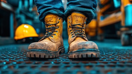Worn work boots on a metal grid floor
