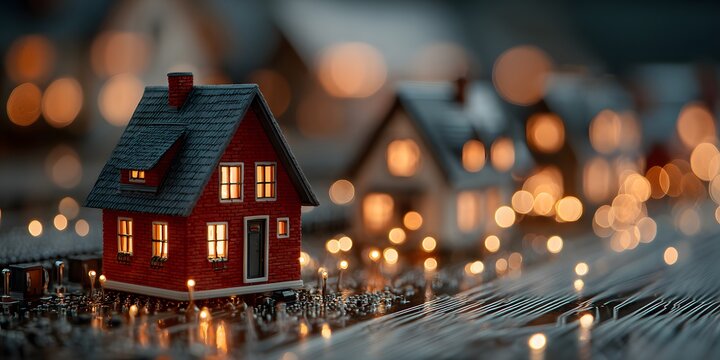 Photorealistic macro shot of a miniature red house on a detailed circuit board. The house has warmly lit windows, with glowing light trails all around.