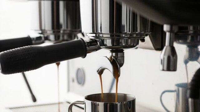 Close Up of Silver Espresso Machine Brewing Coffee into a Stainless Cup on White Background Creating a Rich and Aromatic Beverage with Freshness