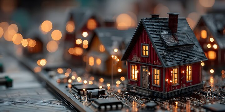 Photorealistic macro shot of a miniature red house on a detailed circuit board. The house has warmly lit windows, with glowing light trails all around.