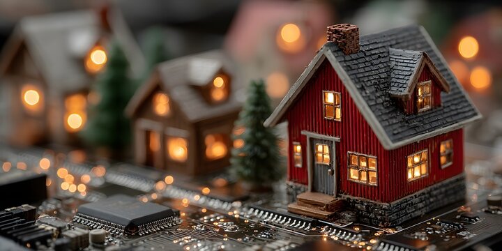 Photorealistic macro shot of a miniature red house on a detailed circuit board. The house has warmly lit windows, with glowing light trails all around.